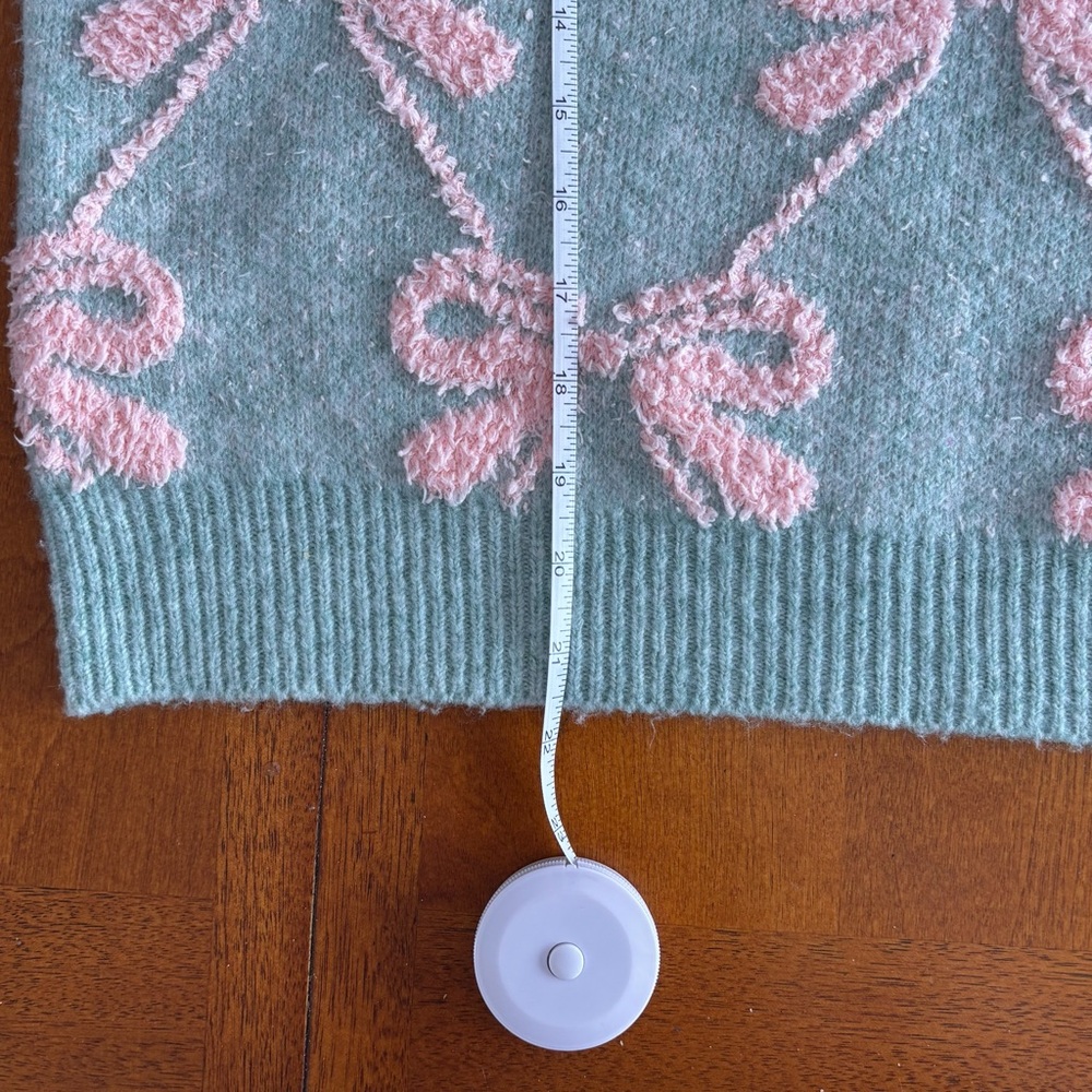 Threaded Leaf Bow Pattern Sweater Aqua Pink Prepp… - image 6